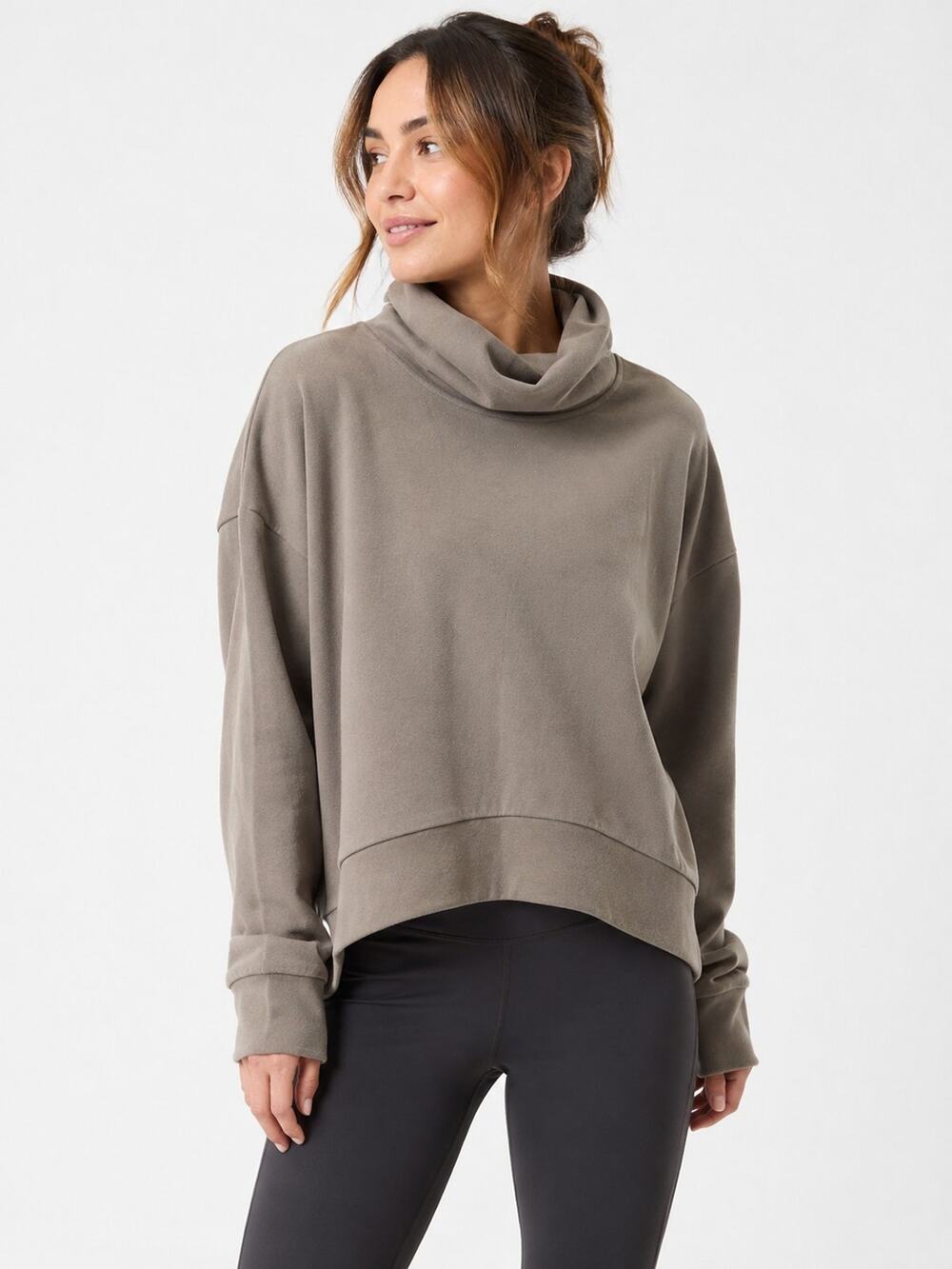 Athleta Women’s Small Taupe Cowl Neck Pullover Sweatshirt High Low Hem